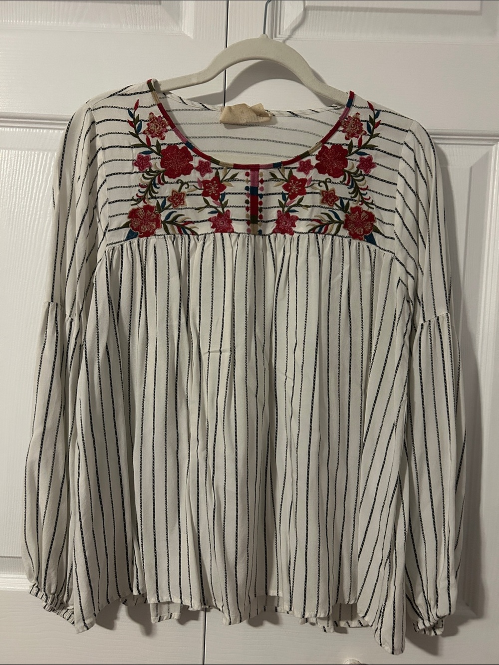 Savanna Jane White Striped Peasant Blouse with Red Floral Embroidery